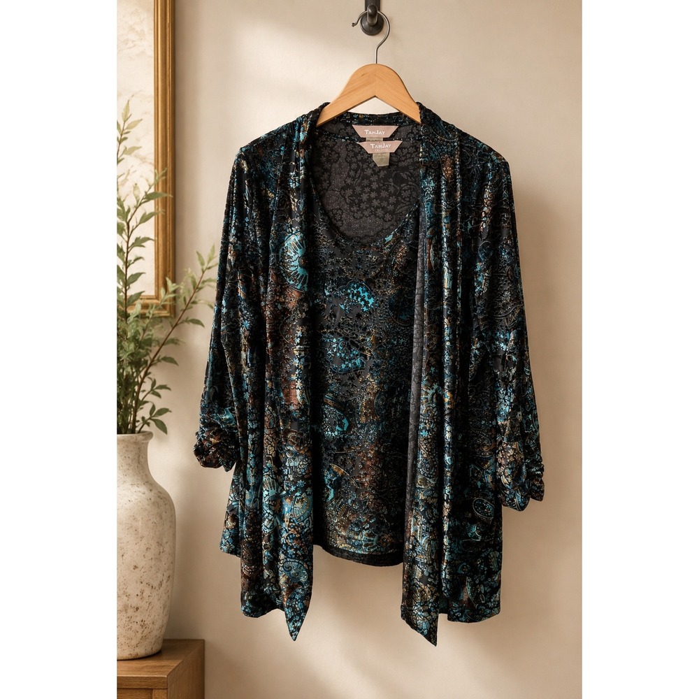 Y2K Burnout Velvet Paisley Tank Cardigan Set Teal Black Petite M Evening